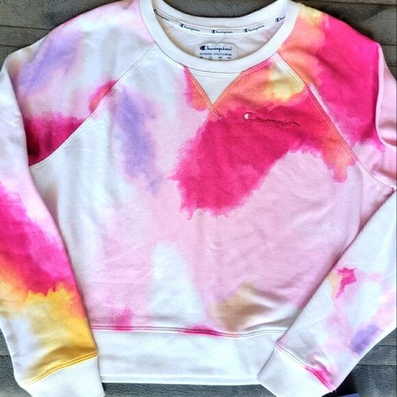 CHAMPION CAMPUS FRENCH TERRY CREWNECK SWEATSHIRT IN WHITE NEON WATERCOLOR SIZE M - Picture 3 of 11